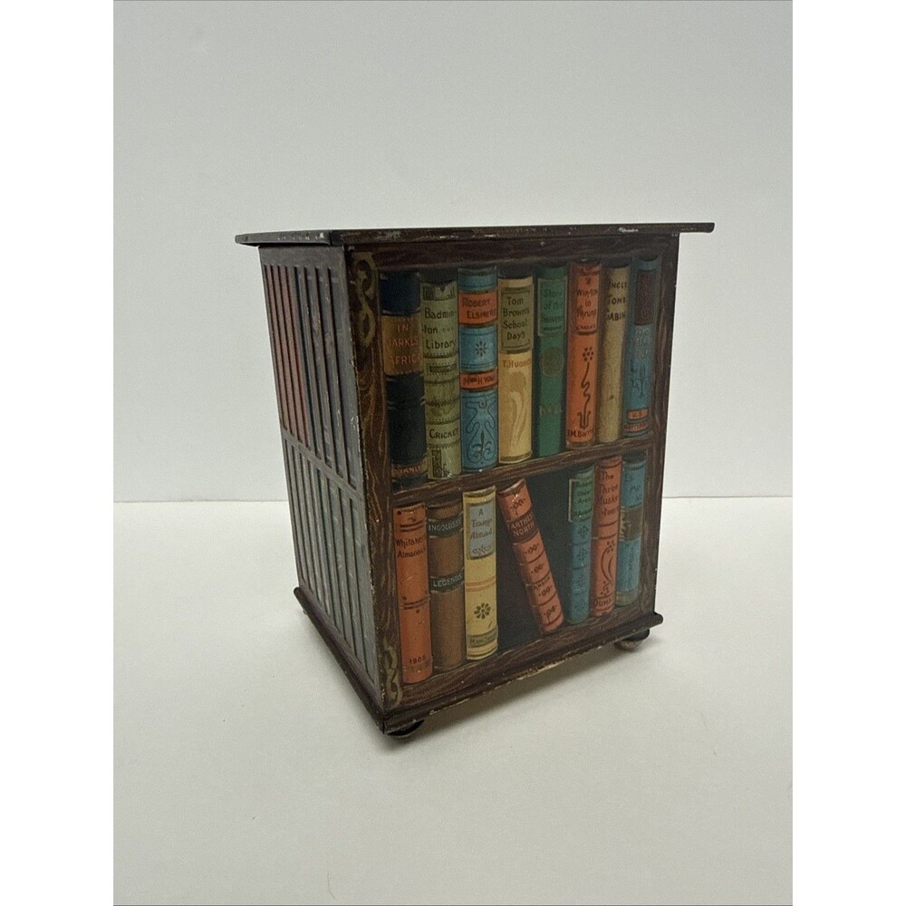 ANTIQUE BISCUIT TIN HUNTLEY & PALMERS BOUND VICTORIAN BOOKS IN BOOK CASE EXC